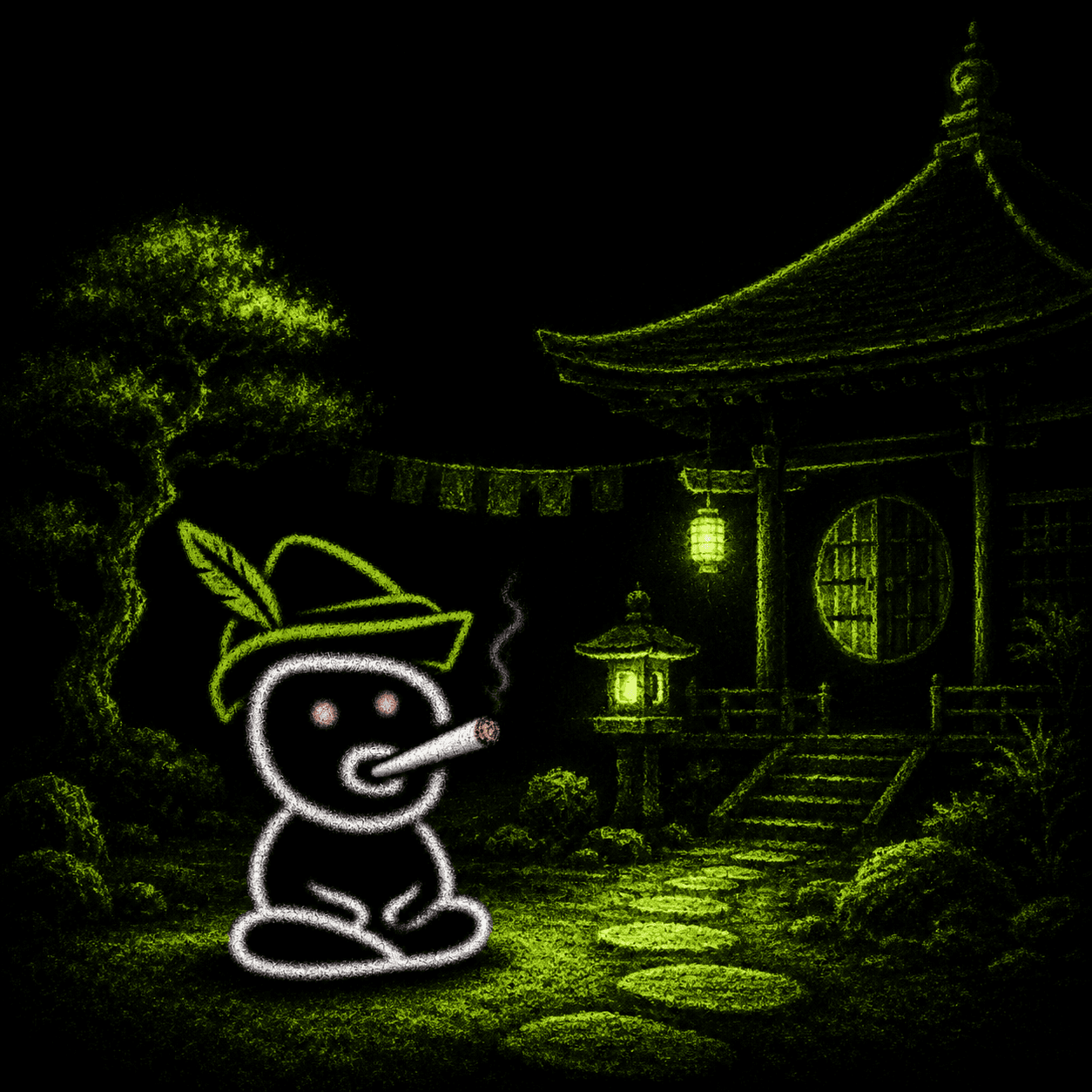 RORK sitting in his glowing temple grove at night